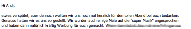 Dankes-E-Mail von David und Sophia an die B.Streetband, Hochzeitsband Tirol