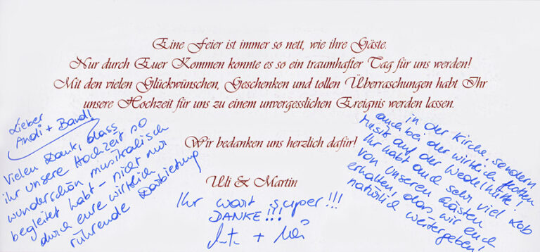 Dankeskarte von Uli und Martin an die B.Streetband, Hochzeitsband im Zillertal