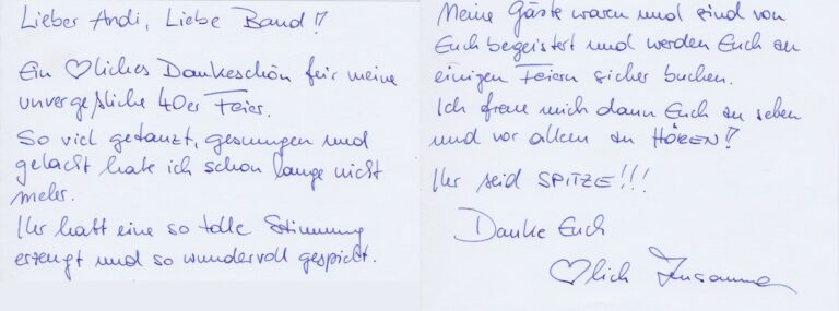 Dankesbrief von Susanne an die B.Streetband, Partyband für den 40. Geburtstag