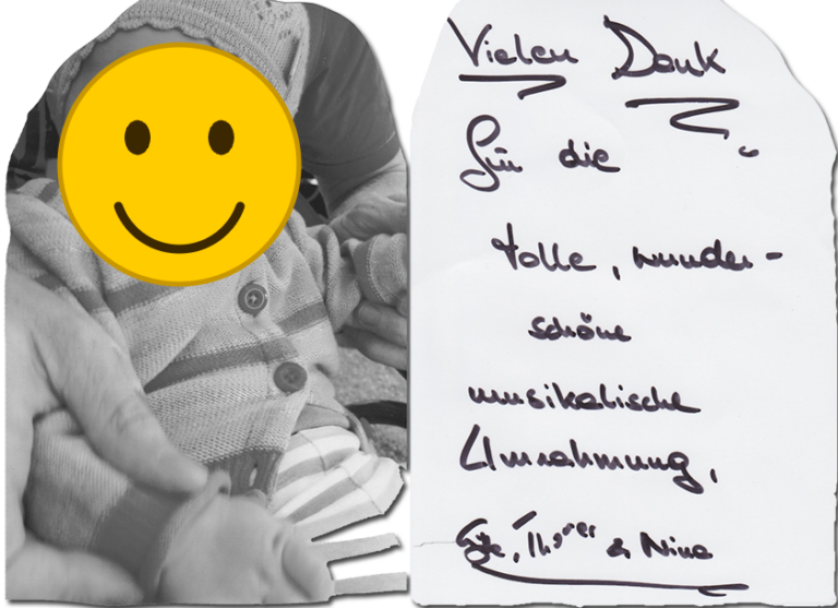 Dankeskarte von Thomas und Nina an die B.Streetband für die Musik zur Taufe